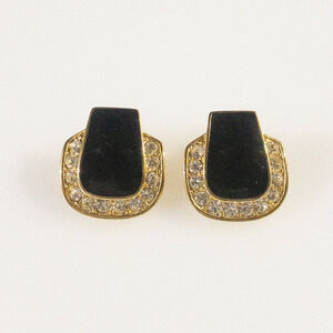 Goldtone Black Enamel Earrings Clear Rhinestones Accents Horseshoe Rounded 3/4"